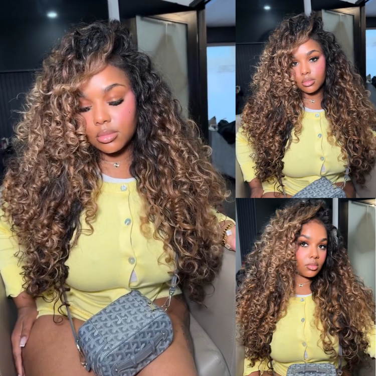 Deep Chocolate Brown to Honey Blonde Ombre Wavy Wig - Two-Tone Bouncy Spiral Curls for Women, Glueless Human Hair- Rafarada