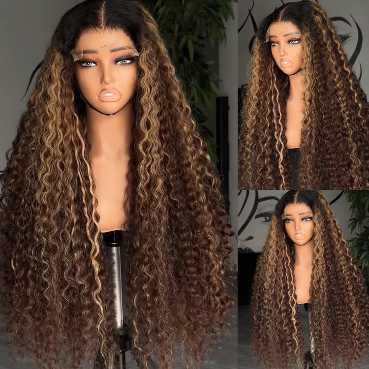 Honey Blonde Highlight Deep Wave Lace Front Wig - Glueless Long Voluminous Kinky Curly Human Hair Wig- Rafarada