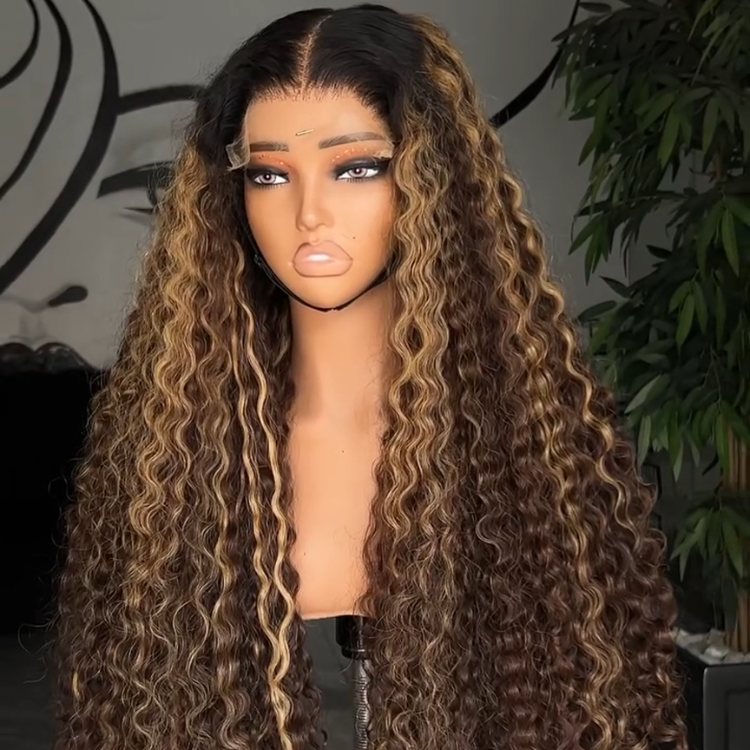 Honey Blonde Highlight Deep Wave Lace Front Wig - Glueless Long Voluminous Kinky Curly Human Hair Wig- Rafarada