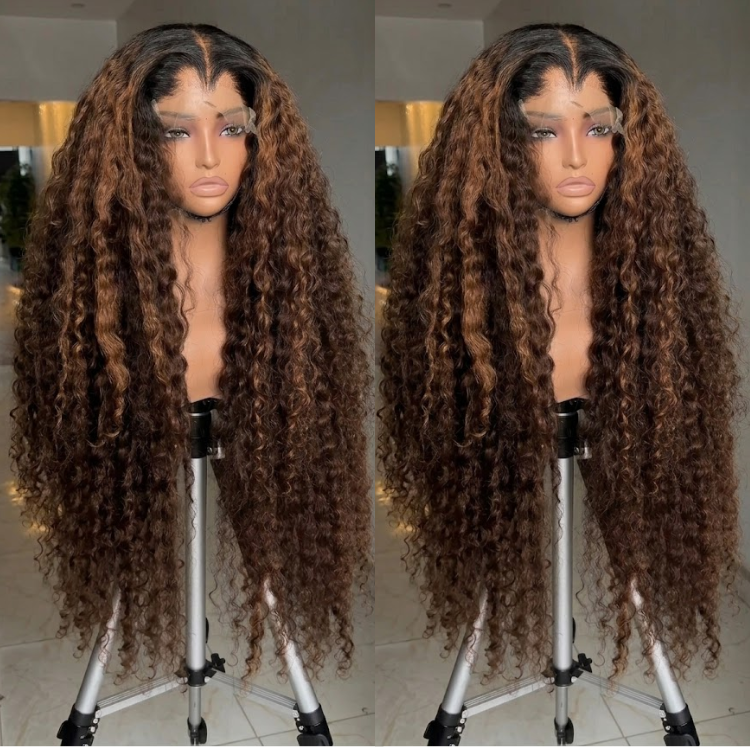 Caramel Mixed Brown Deep Wave Human Hair Lace Front Wig - High Volume Long Curly Wig with Natural Hairline - Rafarada