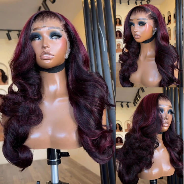 Deep Wine Red Ombre Body Wave Lace Front Wig 100% Human Hair Glueless Dark Burgundy Wavy Wig for Women- Rafarada