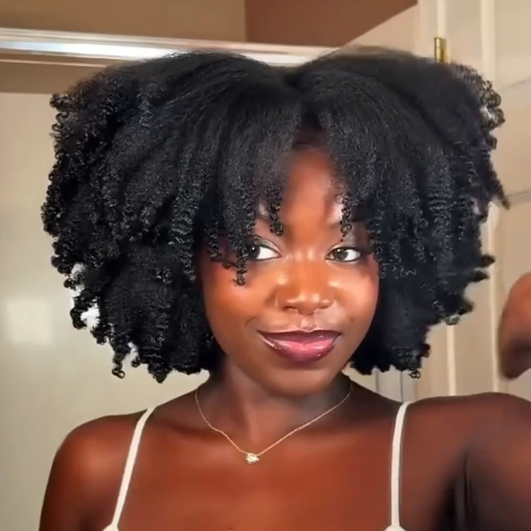Glossy Deep Black Defined Kinky Coily Human Hair Wig - Bouncy and Voluminous Bob - Rafarada