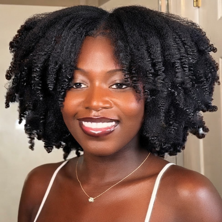 Glossy Deep Black Defined Kinky Coily Human Hair Wig - Bouncy and Voluminous Bob - Rafarada