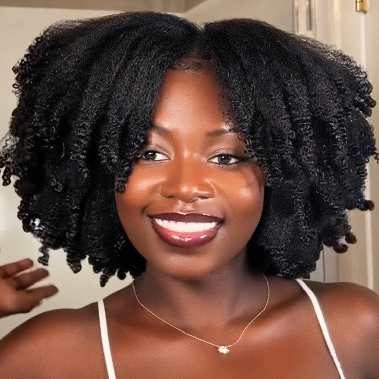 Glossy Deep Black Defined Kinky Coily Human Hair Wig - Bouncy and Voluminous Bob - Rafarada