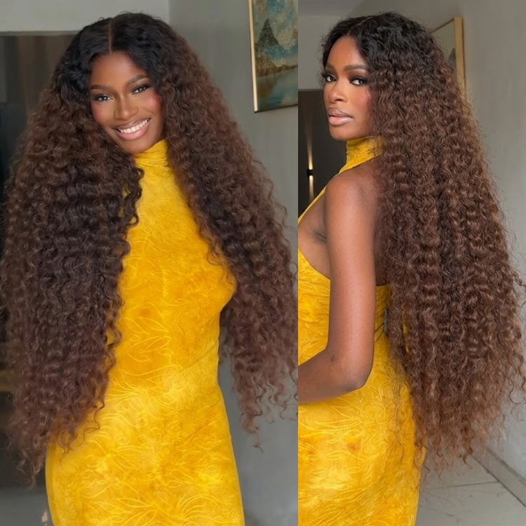 Natural Black to Deep Chestnut Ombre Deep Wave Human Hair Wig - Extra-Long Textured Curly Lace Front- Rafarada