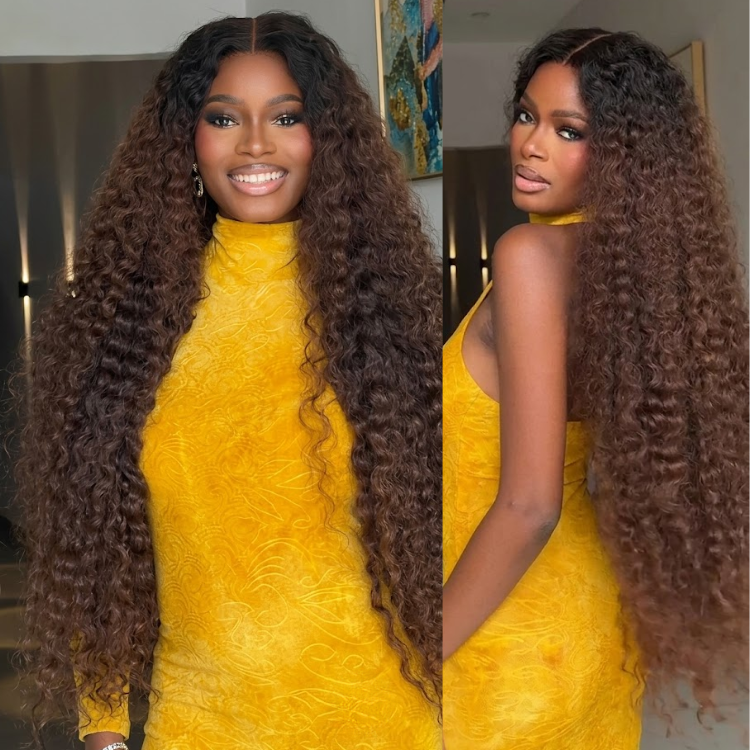 Natural Black to Deep Chestnut Ombre Deep Wave Human Hair Wig - Extra-Long Textured Curly Lace Front- Rafarada