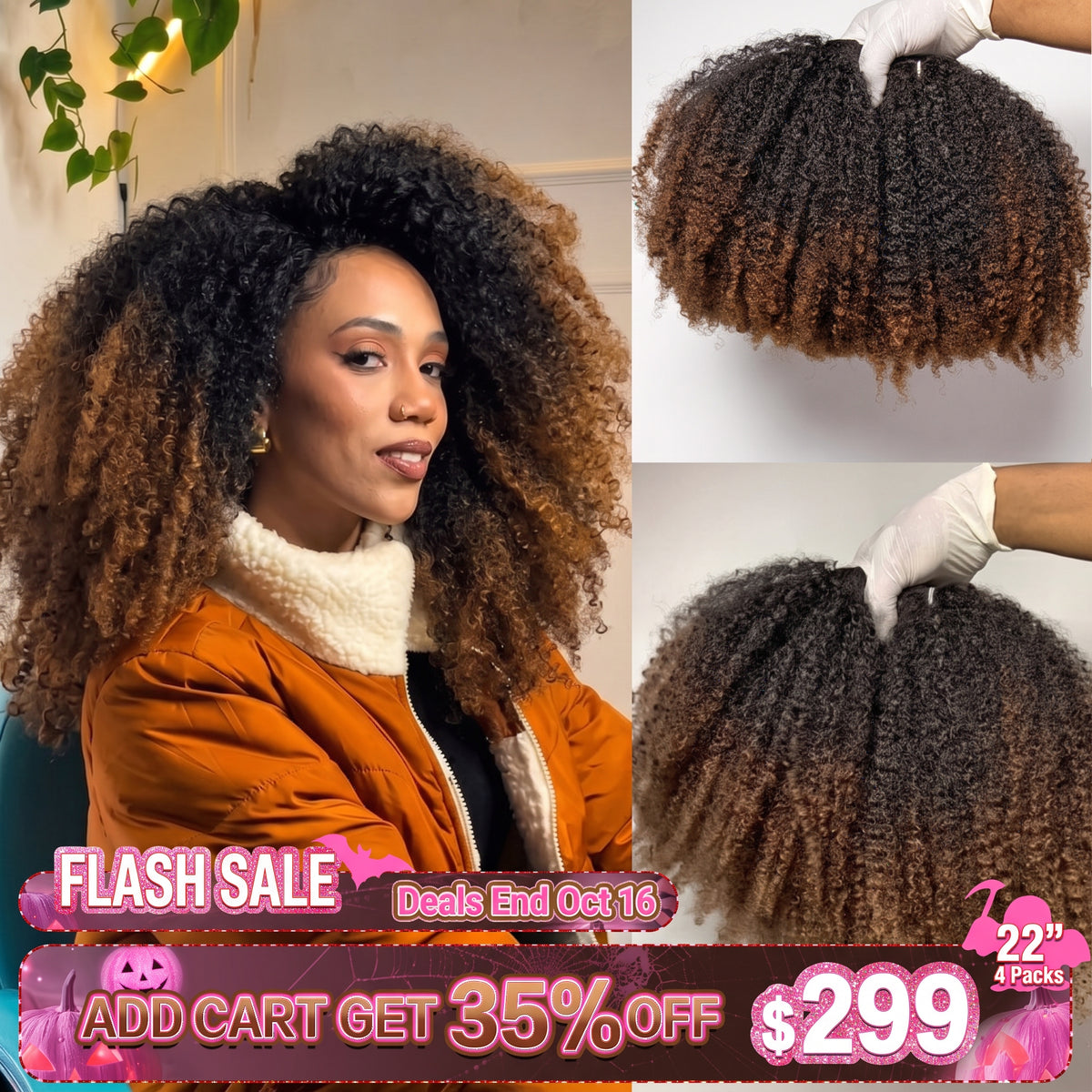 Ombre Afro Kinky Curly Human Hair Bundles - T1B/30 Honey Brown Kinky Coily Weaves for Black Women - Rafarada