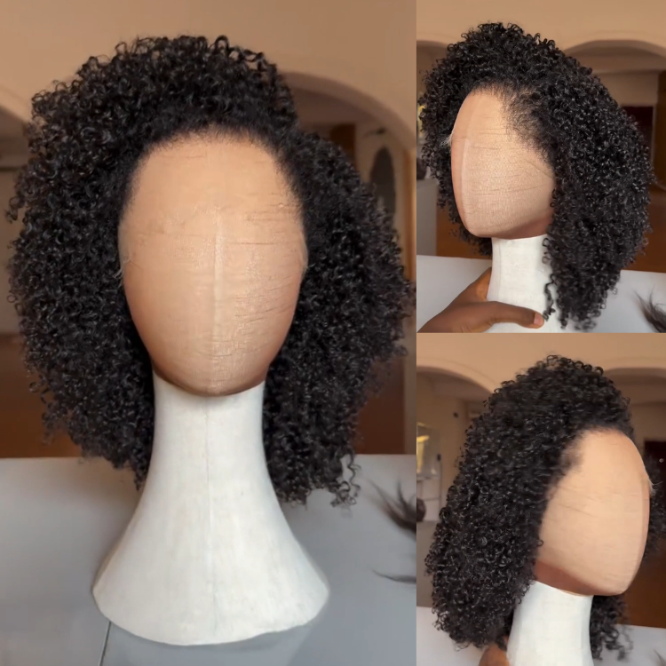 Luxurious Full Lace Jet Black Voluminous Afro Coily Curly Wig 100% Human Hair Bouncy Glueless Wig Free Parting Glueless Full Lace Wig- Rafarada