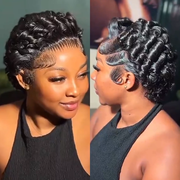 Full Lace Short Pixie Cut Wig Finger Waves Water Curly Human Hair Glossy Jet Black Color Lace Front Wigs for Women- Rafarada