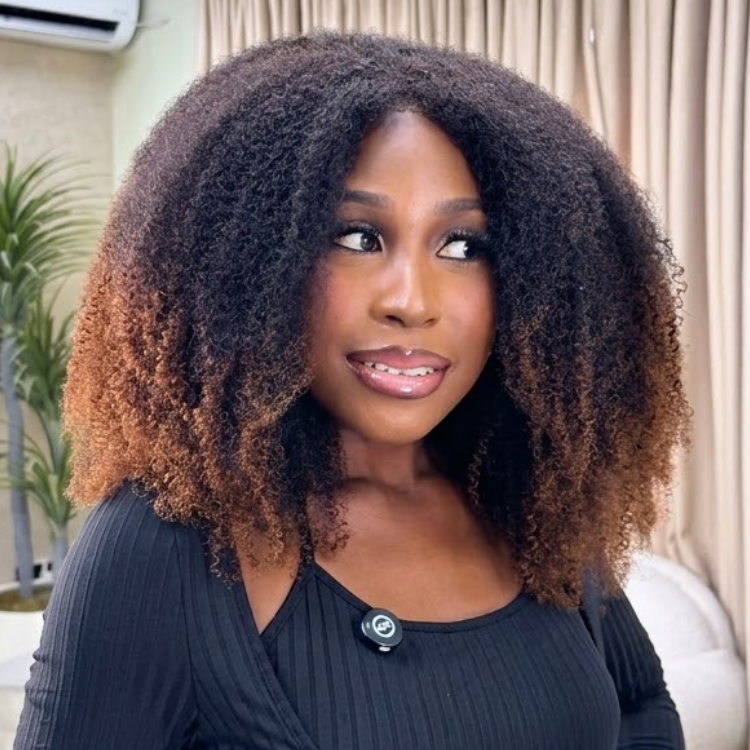 Ginger Caramel Brown Ombre Ends Afro Coily Ringlets Lace Front Wig - Pre-Plucked Glueless Human Hair Wig with Dark Roots- Rafarada