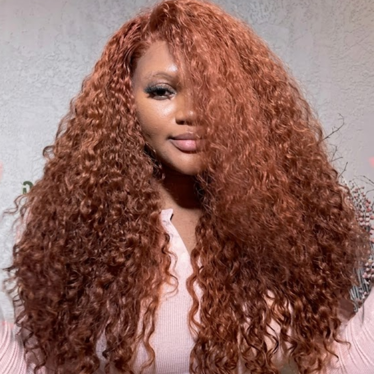 Ginger Copper Water Wave Lace Wig High Density Long Curly Human Hair Wig - Rafarada