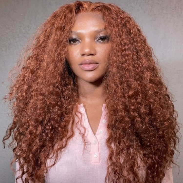 Ginger Copper Water Wave Lace Wig High Density Long Curly Human Hair Wig - Rafarada