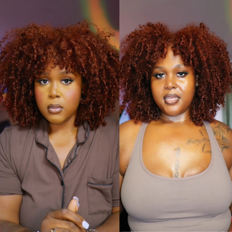 Ginger Copper Brown Curly Human Hair Wig with Bangs Glueless End Spiral Curl Wig for Beginner - Rafarada