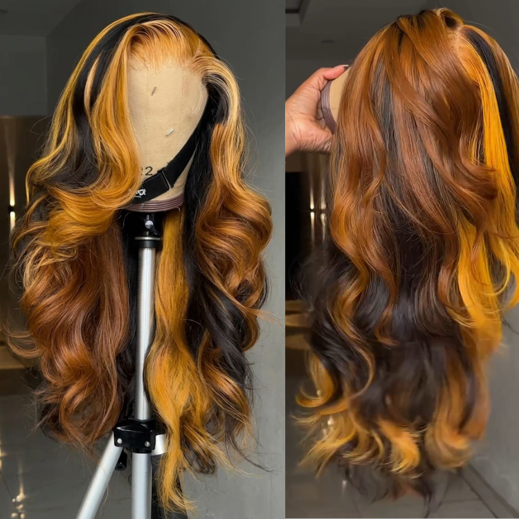 Ginger Orange Highlights Black Body Wave Wig HD Lace Front Wig- Rafarada
