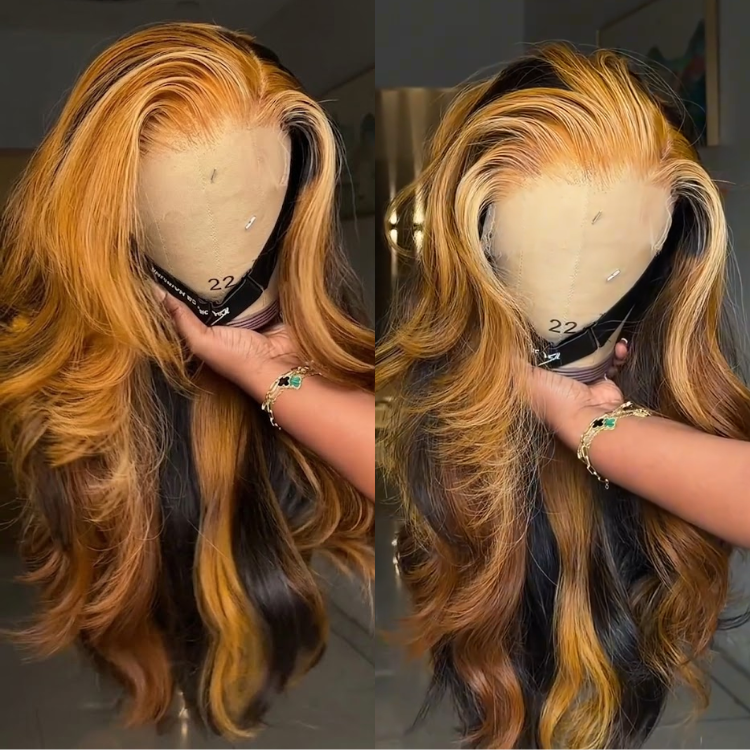 Ginger Orange Highlights Black Body Wave Wig HD Lace Front Wig- Rafarada