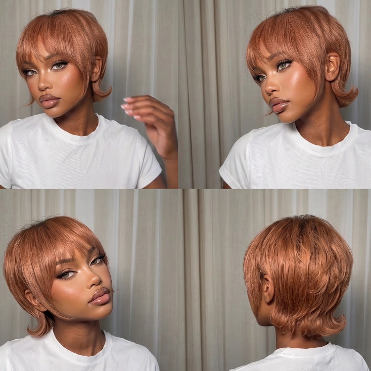 Ginger Color Bob Wig Straight Human Hair Wig Glueless Skin Base Wig Bixie Curly Human Hair Wig For Woman - Rafarada
