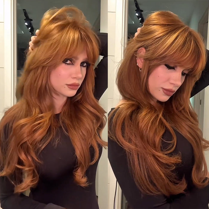 Ginger Red Layered Body Wave Wig with Bangs Copper Orange Human Hair Wigs Pre-cut Layered Haircut with Fringe Glueless Lace Hair - Rafarada
