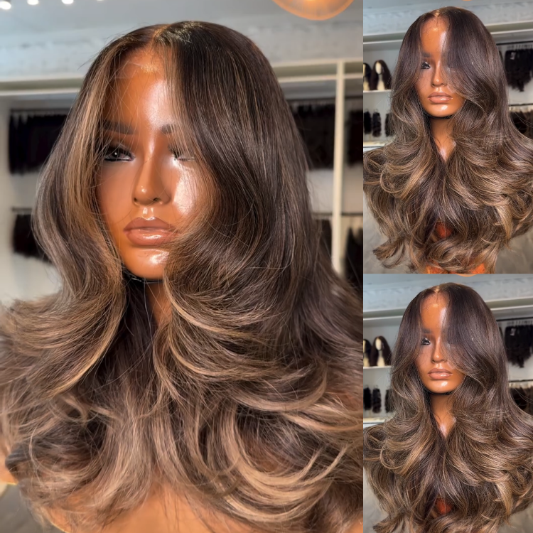 Glueless Highlight Chestnut Brown and Caramel Face Framing Layers Wig HD Transparent Lace Human Hair Wig- Rafarada