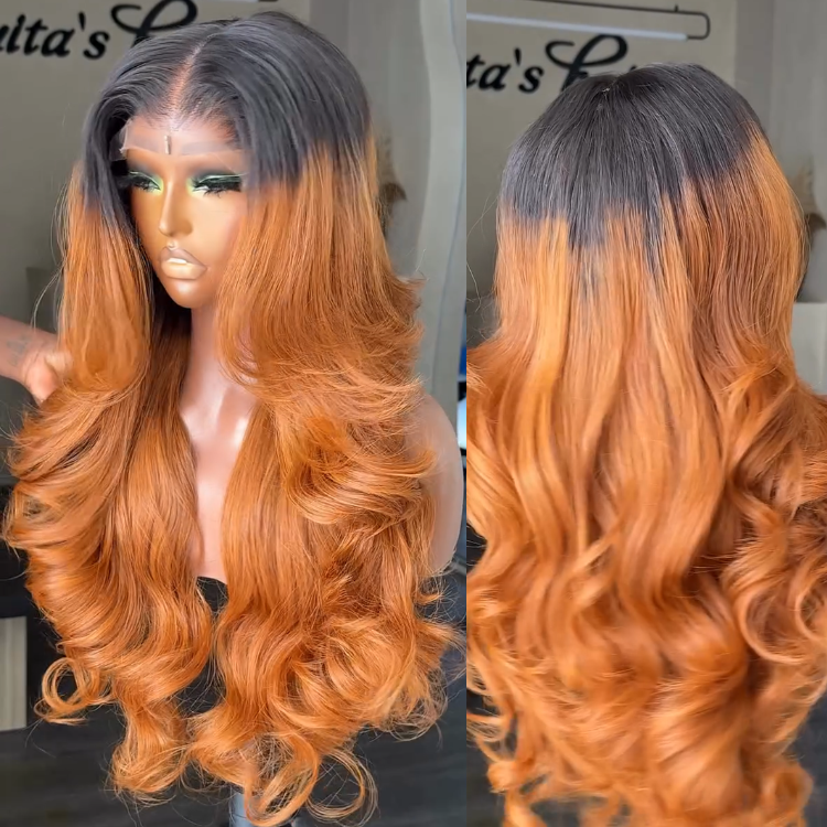 Glueless Body Wave Lace Front Wig Dark Roots Ombre Caramel Honey Blonde Human Hair Wig- Rafarada