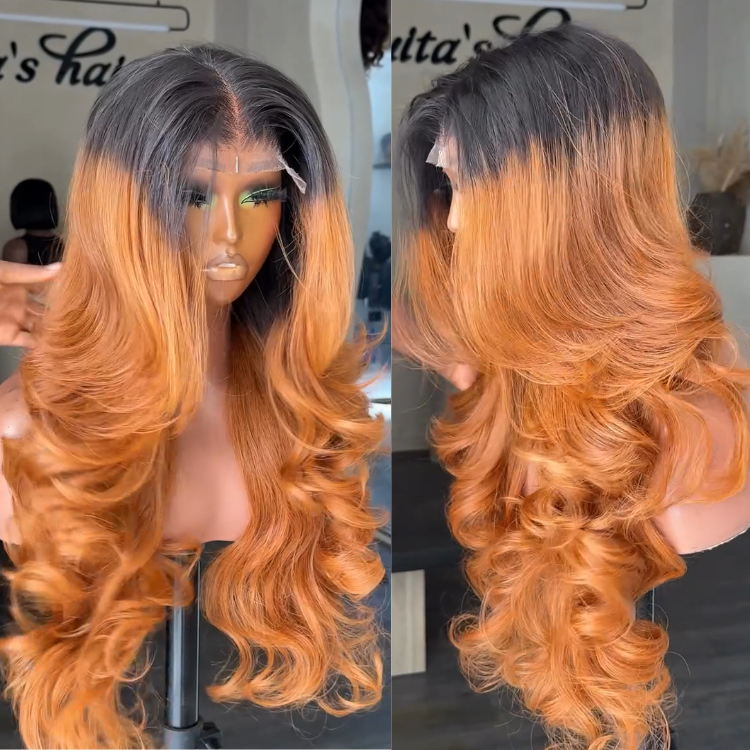 Glueless Body Wave Lace Front Wig Dark Roots Ombre Caramel Honey Blonde Human Hair Wig- Rafarada