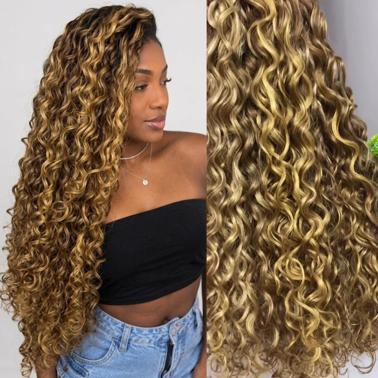 Dimensional Golden Brown Highlight Kinky Curly Human Hair Weave P4/30 Honey Blonde Ombre Deep Wave Brazilian Hair Extensions for Women - Rafarada