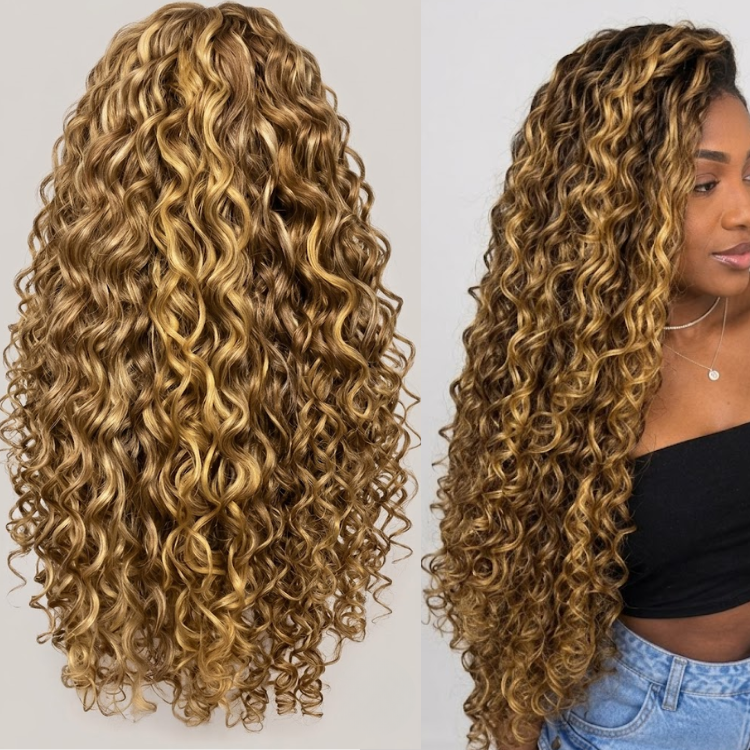 Dimensional Golden Brown Highlight Kinky Curly Human Hair Weave P4/30 Honey Blonde Ombre Deep Wave Brazilian Hair Extensions for Women - Rafarada