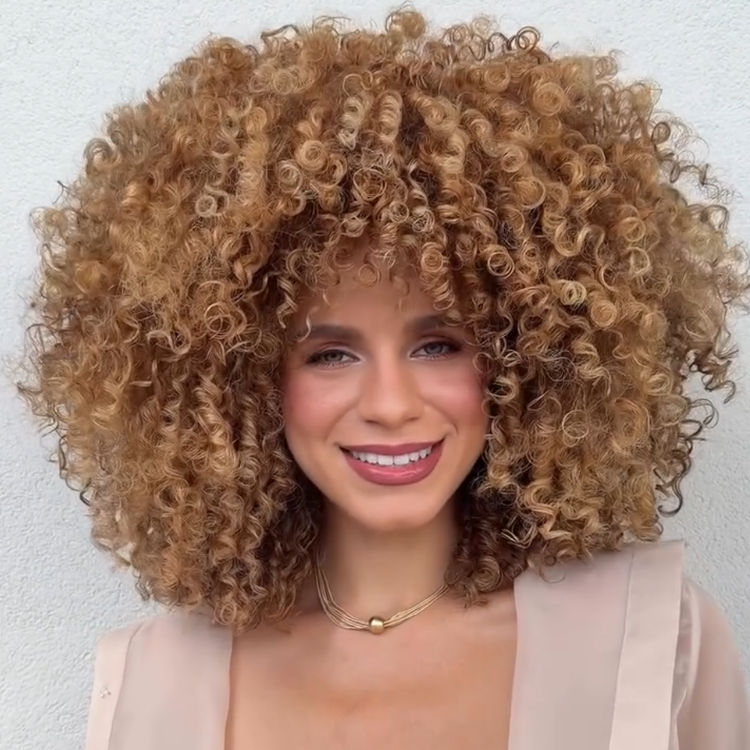 Golden Brown & Honey Blonde Highlight Afro Kinky Curly Wig with Bangs - Volumizing Tight Coil Short Bob Human Hair Wig for Women- Rafarada