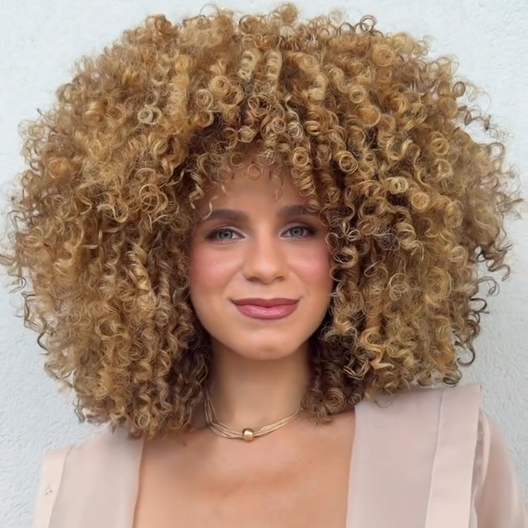 Golden Brown & Honey Blonde Highlight Afro Kinky Curly Wig with Bangs - Volumizing Tight Coil Short Bob Human Hair Wig for Women- Rafarada