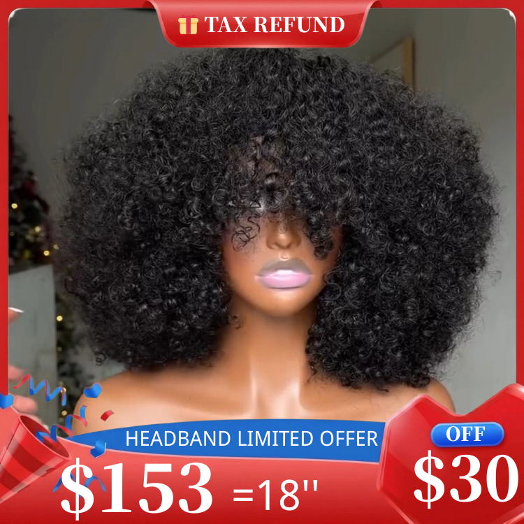 Afro Kinky Curly Headband Wig Human Hair Glueless None Lace Front Wigs Natural Black Bouncy Afro Curly Scarf Wig- Rafarada