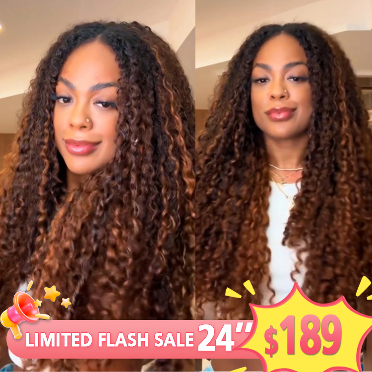 FLASH SALE | Highlight P4/27 Piano Color Curly Wig Lace Frontal Human Hair Wig Bouncy Ombre Brown Curly Wig Pre-plucked with Baby Hair - Rafarada