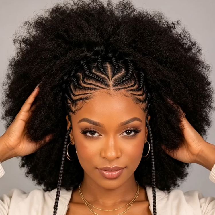Braided Cornrow to Afro Kinky Coily Half-Up Half-Down Wig with Caramel Highlights - Rafarada