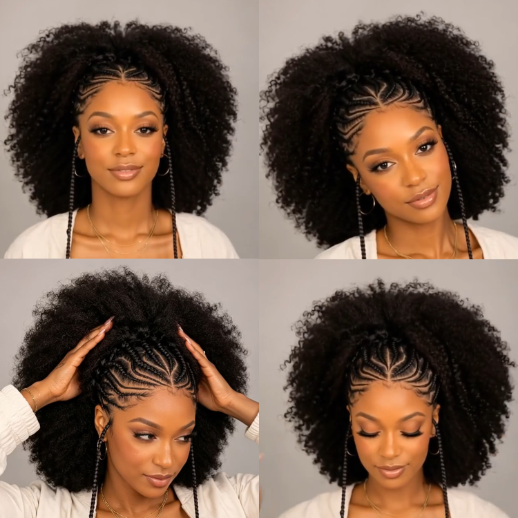 Braided Cornrow to Afro Kinky Coily Half-Up Half-Down Wig with Caramel Highlights - Rafarada