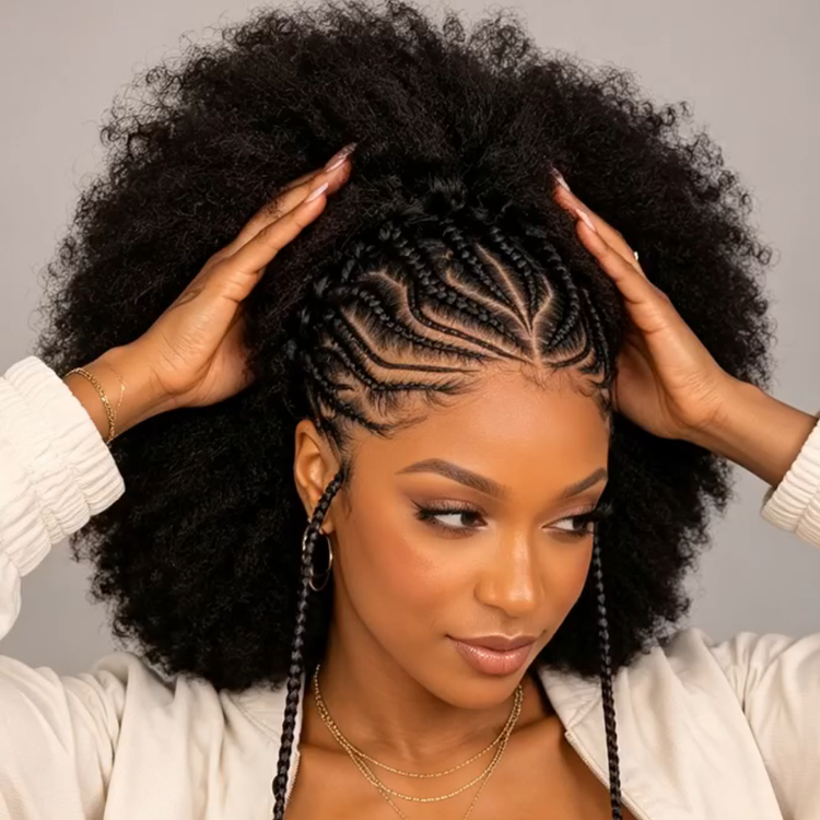 Braided Cornrow to Afro Kinky Coily Half-Up Half-Down Wig with Caramel Highlights - Rafarada