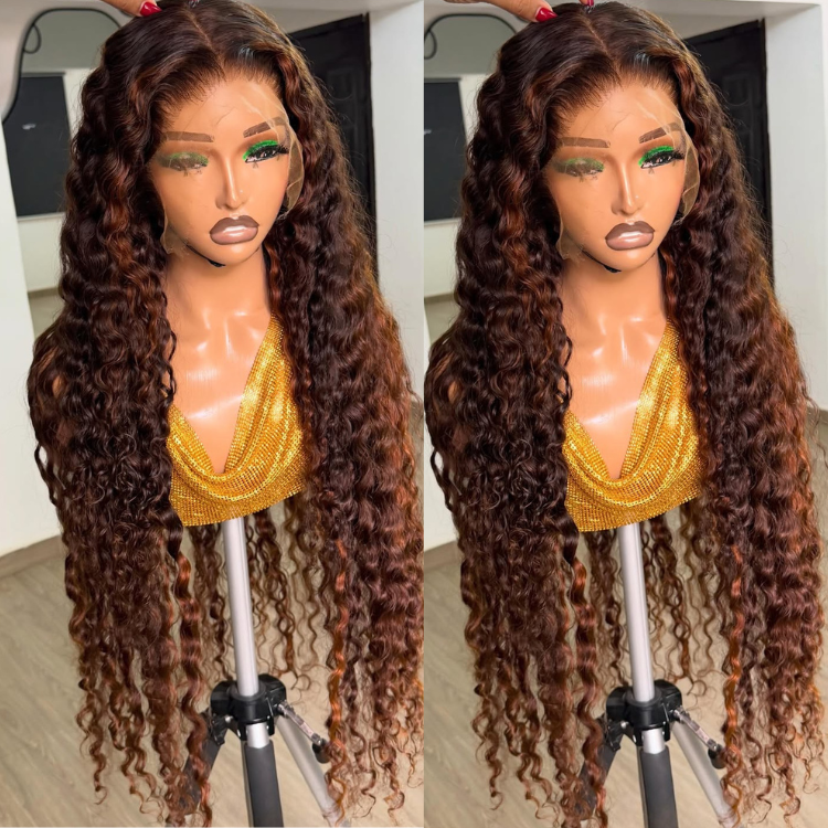 Highlight Chestnut Brown Deep Curly Glueless Human Hair Wig, HD Lace Front Ombre Brown Voluminous Water Wave Wig, Melted Hairline Long Defined Curls Wig- Rafarada