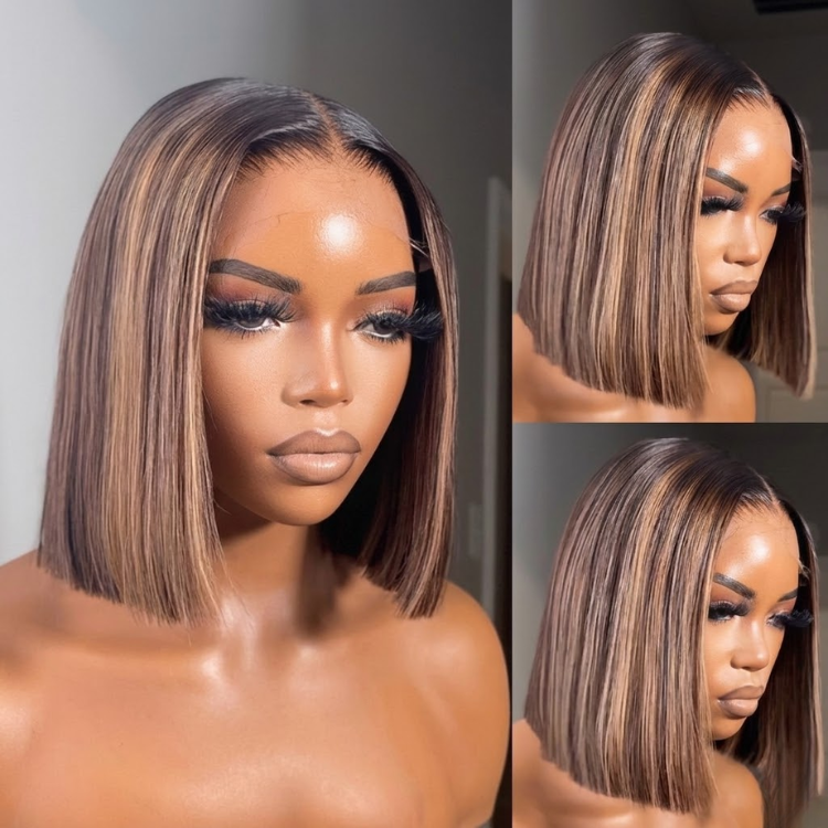 Honey Blonde Highlights Short Bob Wig Straight Hair HD Lace Frontal 100% Human Hair Wigs- Rafarada