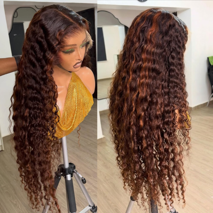 Highlight Chestnut Brown Deep Curly Glueless Human Hair Wig, HD Lace Front Ombre Brown Voluminous Water Wave Wig, Melted Hairline Long Defined Curls Wig- Rafarada