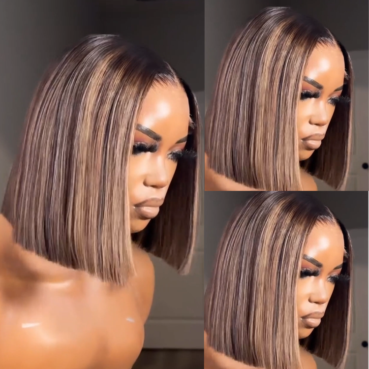 Honey Blonde Highlights Short Bob Wig Straight Hair HD Lace Frontal 100% Human Hair Wigs- Rafarada
