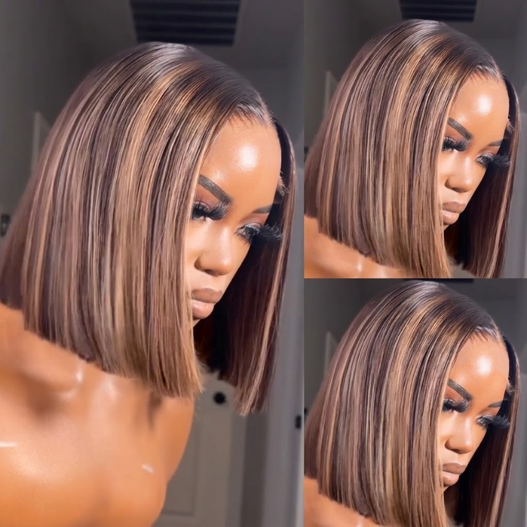 Honey Blonde Highlights Short Bob Wig Straight Hair HD Lace Frontal 100% Human Hair Wigs- Rafarada