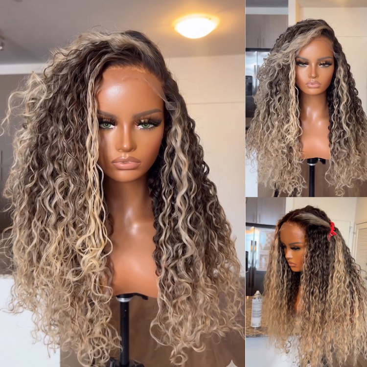 Ash Blonde Piano Highlight Deep Wave Wig ¡§C Defined Bouncy Curly Texture Glueless Lace Frontal 100% Remy Human Hair- Rafarada