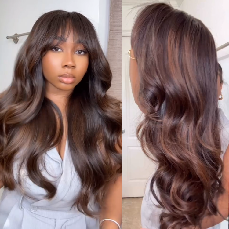 Chocolate Brown Body Wave Human Hair Wig with Air Bangs HD Lace Front Wig Natural Soft Waves Glueless - Rafarada