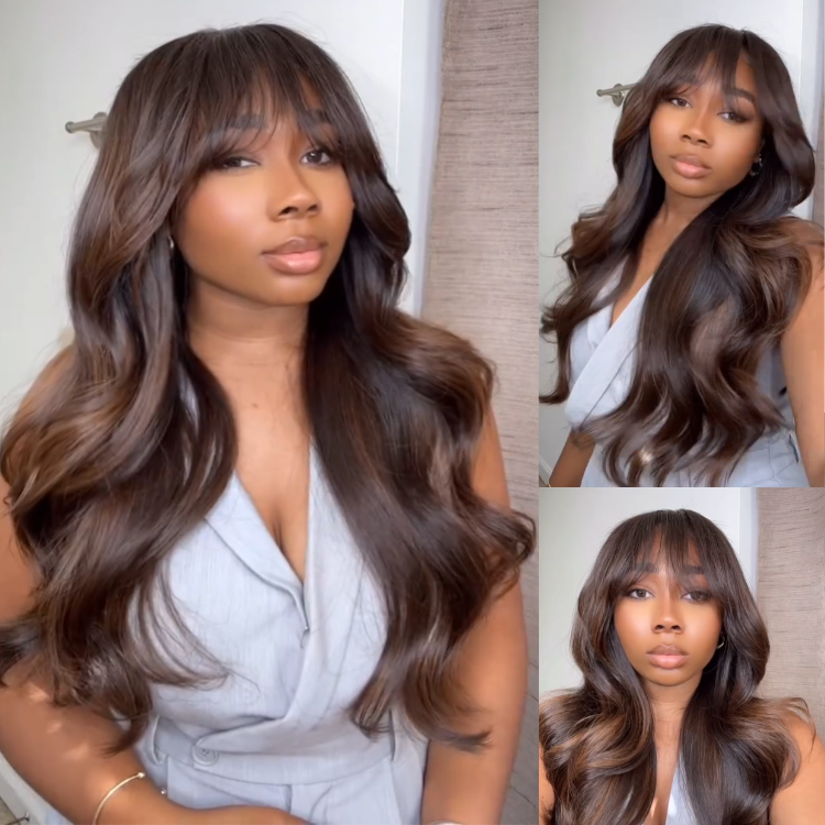 Chocolate Brown Body Wave Human Hair Wig with Air Bangs HD Lace Front Wig Natural Soft Waves Glueless - Rafarada