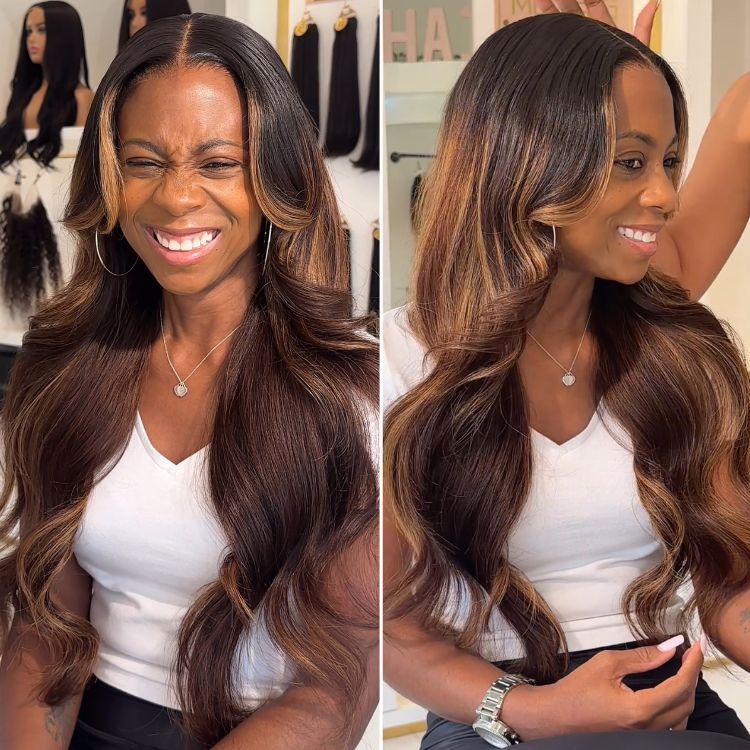 Caramel Brown Highlight Body Wave Lace Front Human Hair Wigs 13x4 Balayage Brown Body Wave Wig with 100% Human Hair - Rafarada