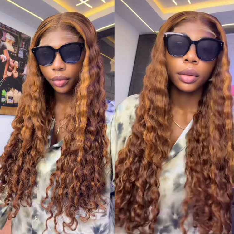 Honey Amber Brown Deep Curly Lace Front Human Hair Wigs Pre Plucked Highlight Copper Brown Long Water Wave Wig for Women - Rafarada