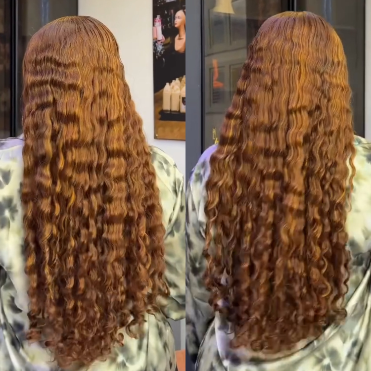Honey Amber Brown Deep Curly Lace Front Human Hair Wigs Pre Plucked Highlight Copper Brown Long Water Wave Wig for Women - Rafarada