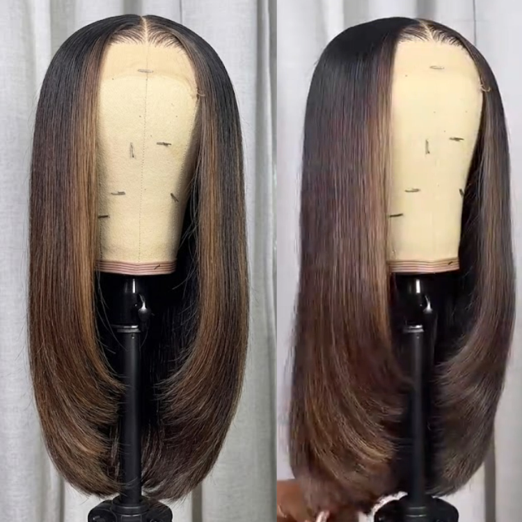 Glueless Highlight Dark Brown C-Curl Straight Human Hair Wig Layered Cut Face Framing Wear and Go Ready to Wear- Rafarada