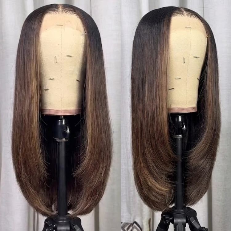 Glueless Highlight Dark Brown C-Curl Straight Human Hair Wig Layered Cut Face Framing Wear and Go Ready to Wear- Rafarada