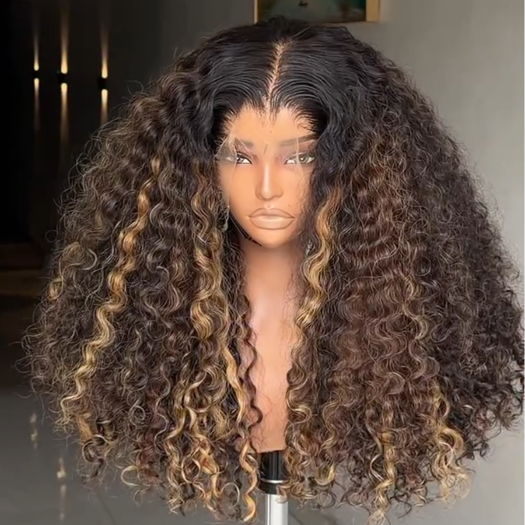 Highlight Honey Blonde and Dark Roots Afro Kinky Curly Lace Front Wig HD Transparent Lace, Voluminous Defined Curls, Glueless 100% Human Hair Wig- Rafarada