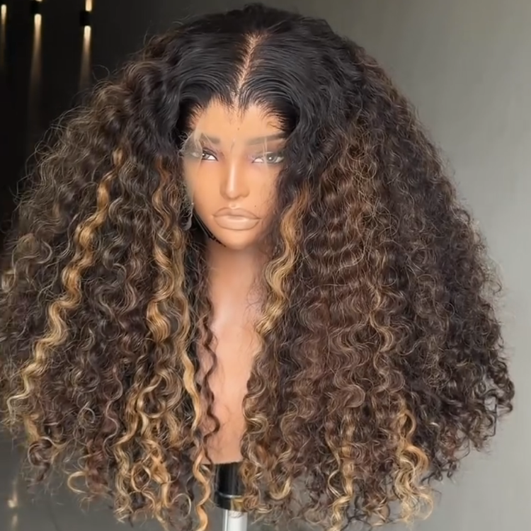 Highlight Honey Blonde and Dark Roots Afro Kinky Curly Lace Front Wig HD Transparent Lace, Voluminous Defined Curls, Glueless 100% Human Hair Wig- Rafarada