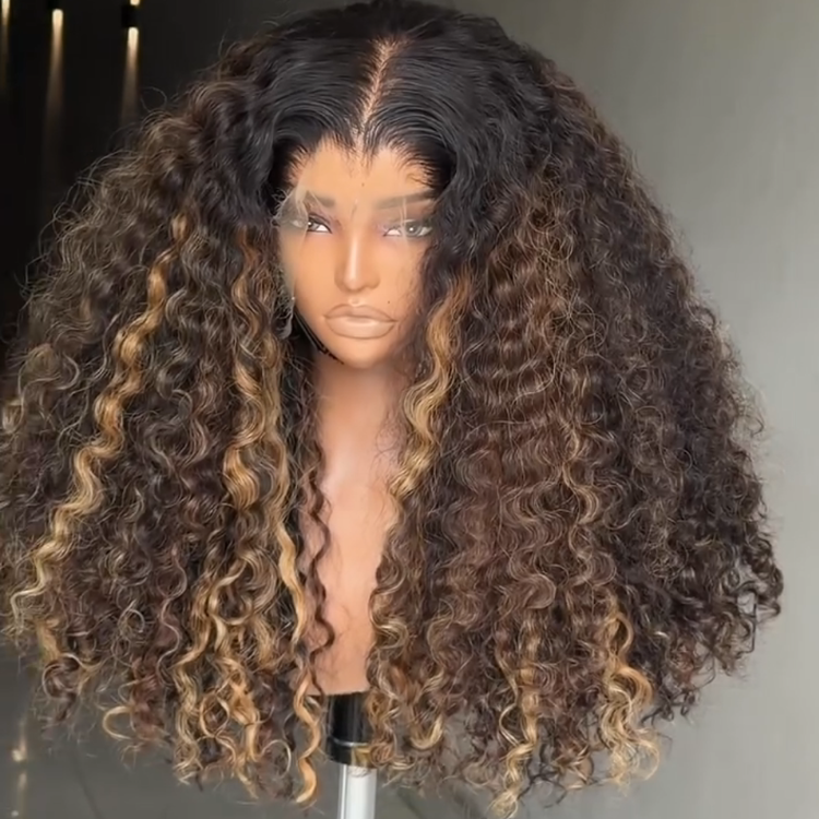 Highlight Honey Blonde and Dark Roots Afro Kinky Curly Lace Front Wig HD Transparent Lace, Voluminous Defined Curls, Glueless 100% Human Hair Wig- Rafarada
