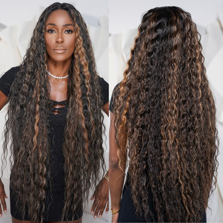 Dark Brown Deep Wave Wig with Caramel Highlights ¨C Human Hair Lace Front Wig- Rafarada